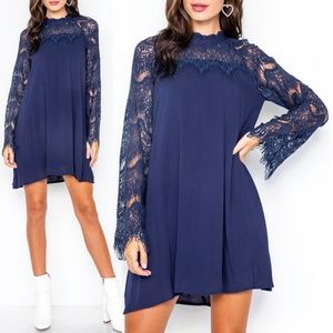 Navy Blue Crochet Lace Mock Neck Swing Shift Dress